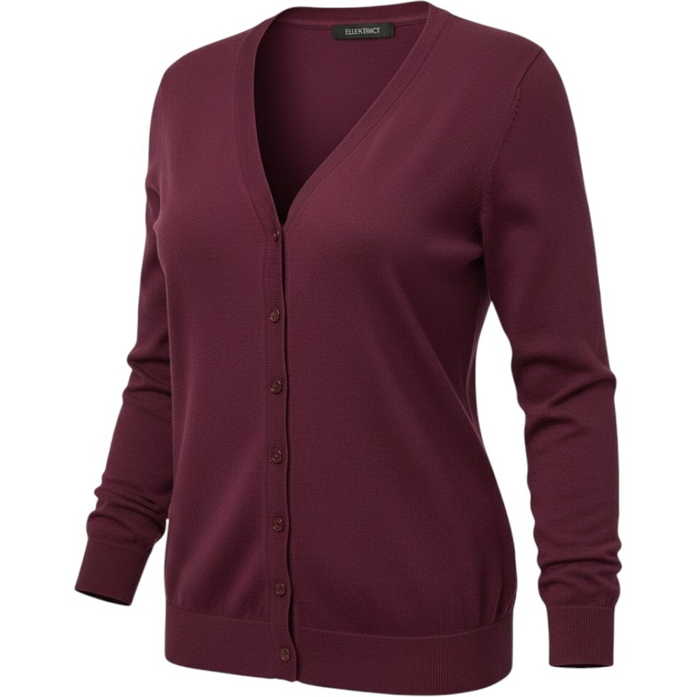 Ellen Tracy Womens XL Burgundy Wine Button Front V-Neck Cardigan Sweater Knit